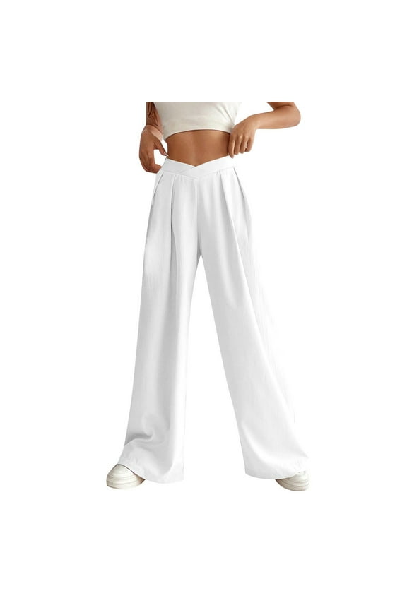 2024 Wide Leg Pants for Women Spring Summer V-Shape Solid Color Loose Pants Pants White