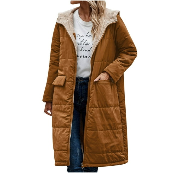 Lovskoo 2024 Winter Coats for Women Quilted Jacket Fleece Lined Jacket Casual Loose Fashion Solid Color Pocket Zippered Tops Reversible Long Cotton Coat Brown
