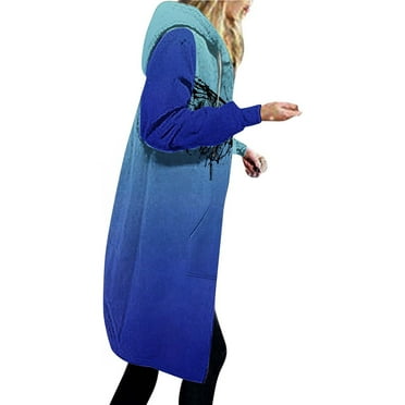 Lovskoo 2024 Winter Coats for Women 2023 Trendy Zip Up Hoodies Fleece Jacket Gradient Printed Loose Sleeved Hoodie Outerwear Top Long Jacket Blue