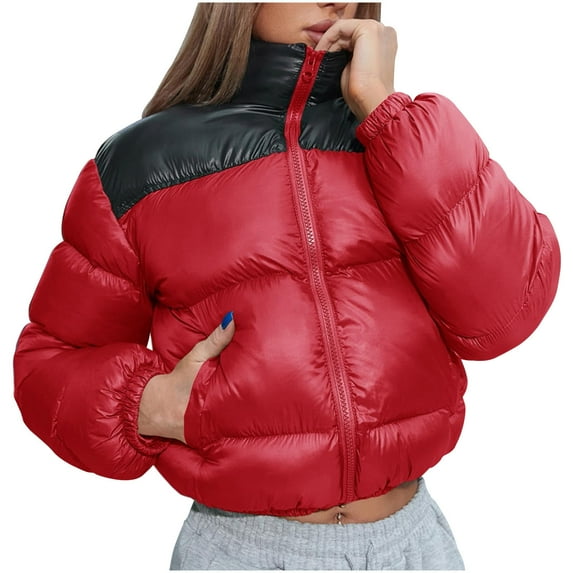 Lovskoo 2024 Winter Coats for Women Quilted Jacket Trendy Long Sleeved Solid Color Stand Collar Pocket Short Cotton Padded Jacket Overcoat Red