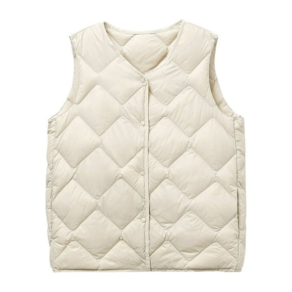 Lovskoo 2024 Winter Coats for Women Quilted Vest Cotton Padded Warm Pocket Coat V Neck Long Jacket Sleeveless Vest Coat Beige