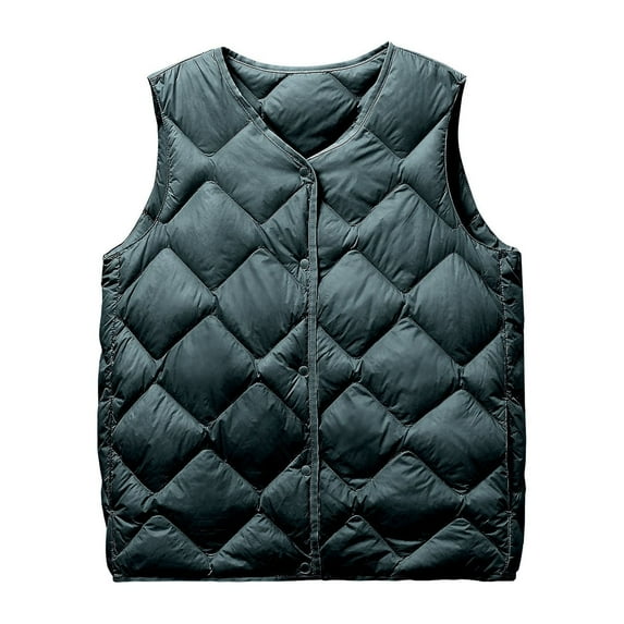 Lovskoo 2024 Winter Coats for Women Quilted Vest Cotton Padded Warm Pocket Coat V Neck Long Jacket Sleeveless Vest Coat Green