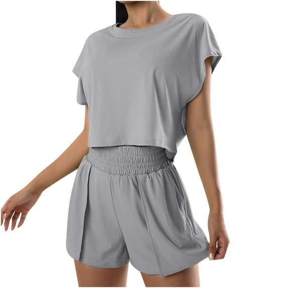 Lovskoo 2024 Women 2 Piece Outfit Sets Quick Drying Sleeveless Round Neck Top Shorts Workout Sports Tracksuit Casual Fitness Yoga Set Gray L