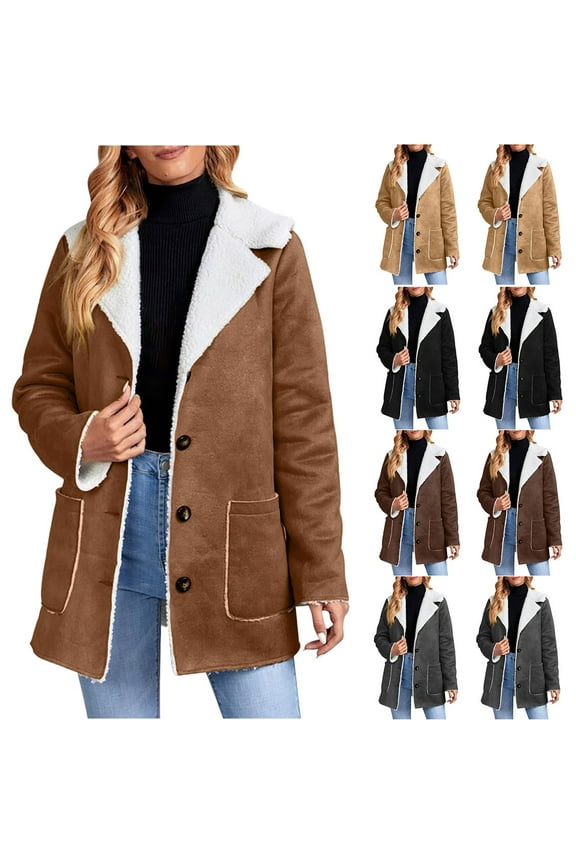 2024 Women 2023 Winter Faux Suede Coats Fleece Shearling Lined Jacket Faux Fur Lapel Pockets Warm Fall Trendy Outerwear Brown