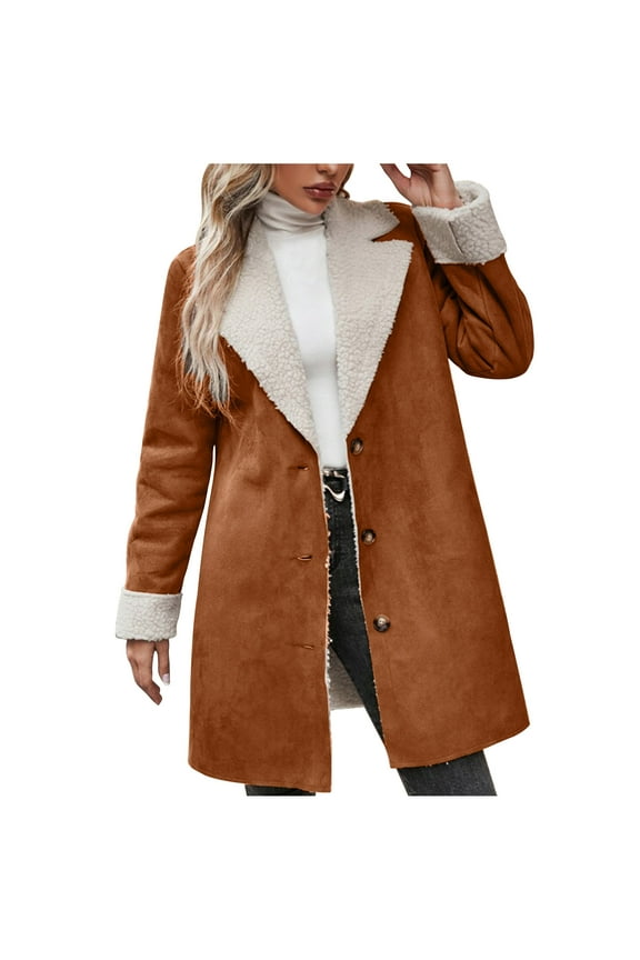 2024 Women 2023 Winter Faux Suede Coats Fleece Shearling Lined Jacket Faux Fur Lapel Pockets Warm Fall Trendy Outerwear Coffee