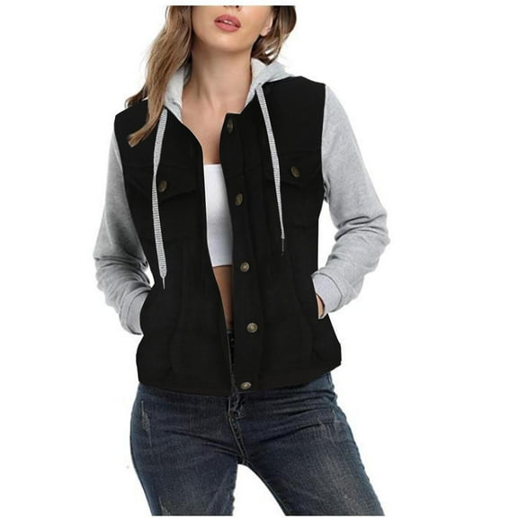 Lovskoo 2024 Women Button Down Denim Jacket Casual Hooded Jacket Cardigan Long Sleeve Pocket Patchwork Coat Drawstring Top Black