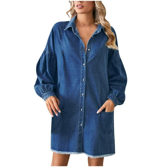 Lovskoo 2024 Women Casual Denim Oversized Shirt Long Sleeve Lapel Collar Dolphin Hem Button Down Shirts Dress Dark Blue