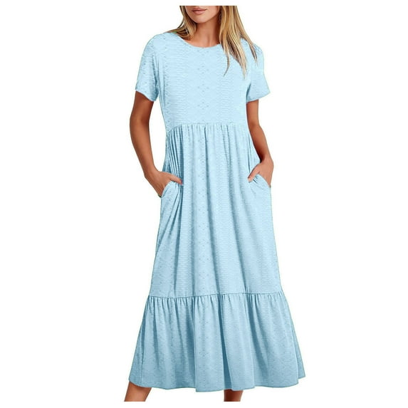 Lovskoo 2024 Women Casual Loose Bohemian Eyelet Dress with Pockets Short Sleeve Round Neck Long Maxi Summer Beach Swing Dresses Blue M