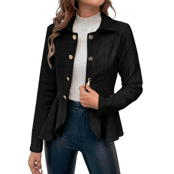 Lovskoo 2024 Women Elegant Blazer Business Work Office Button Peplum Hem Jacket Open Front Herringbone Coats Black