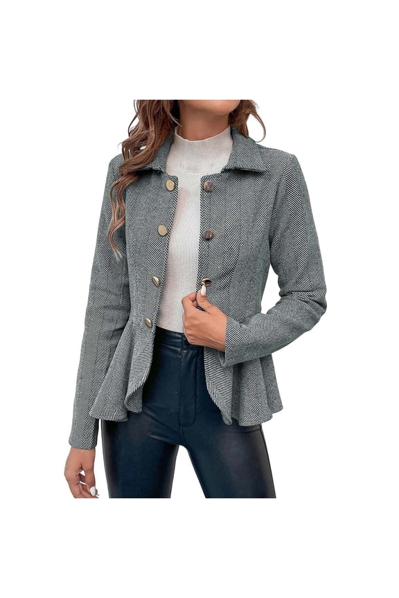 Women Elegant Blazer Business Work Office Button Peplum Hem Jacket Open Front Herringbone Coats Gray