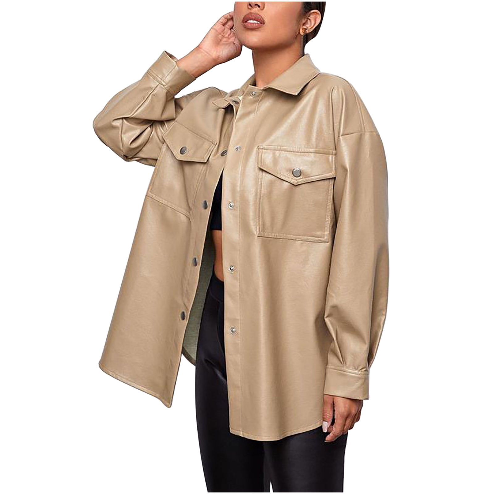 Lovskoo 2024 Women Faux Leather Blazer Jackets/Shacket for Spring and ...