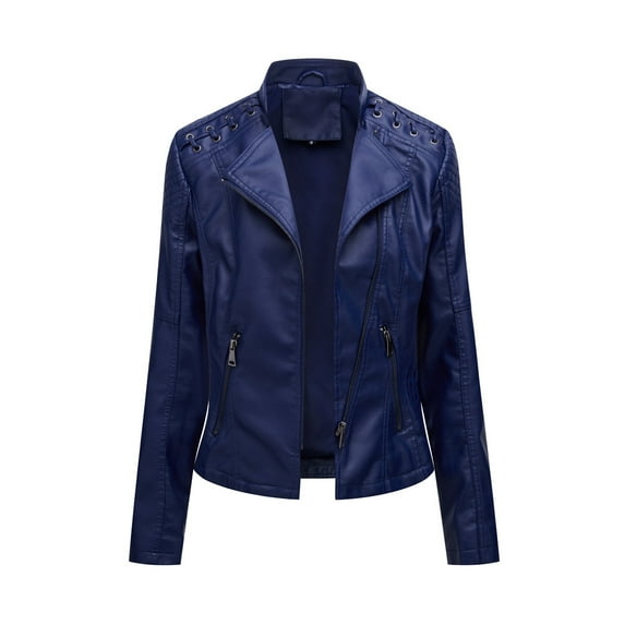 Lovskoo 2024 Women Faux Leather Jacket Moto Biker Coat Trendy Lapel Zip Biker Short Punk Cropped Tops Asymmetrical Motorcycle Jacket Standard Outerwear Short Coat Navy