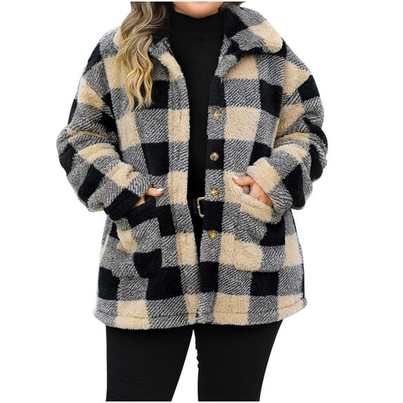 Lovskoo Womens Fuzzy Fleece Jacket Lapel Plaid Flannel Pocket Button Down Long Sleeve Plush Casual Winter Warm Jacket Khaki