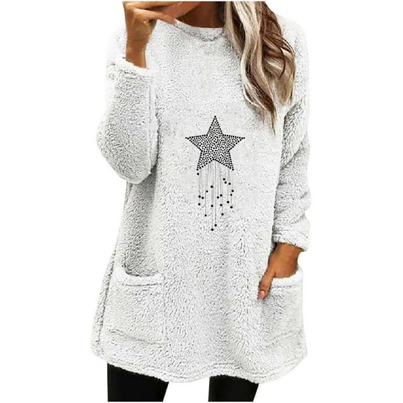 Lovskoo Fuzzy Fleece Pullover Tops for Women Winter Warm Christmas Printed Long Sleeve with Pocket Crewneck Solid Color Warm Top White