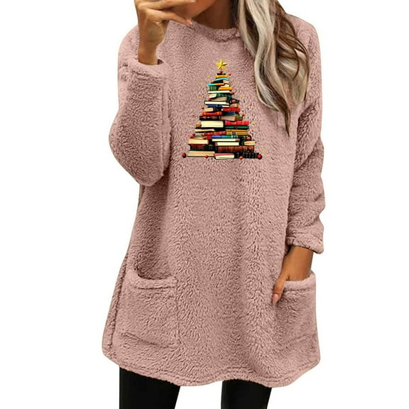 Lovskoo Fuzzy Fleece Pullover Tops for Women Winter Warm Christmas Printed Long Sleeve with Pocket Crewneck Solid Color Warm Top Pink