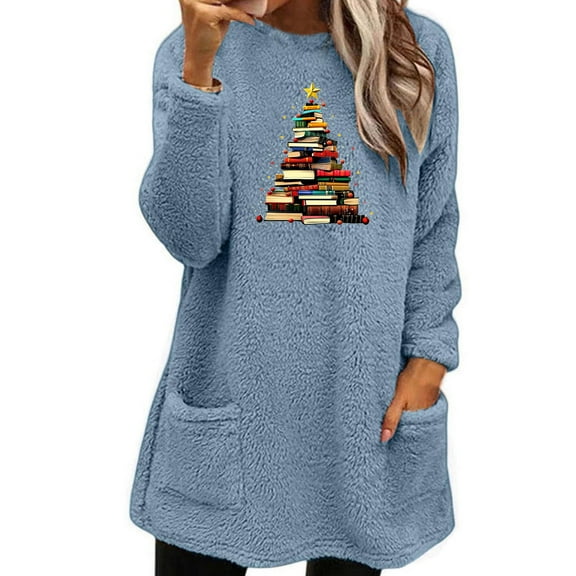 Lovskoo Fuzzy Fleece Pullover Tops for Women Winter Warm Christmas Printed Long Sleeve with Pocket Crewneck Solid Color Warm Top Blue