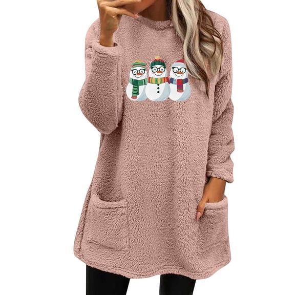 Lovskoo Fuzzy Fleece Pullover Tops for Women Winter Warm Printed Long Sleeve with Pocket Crewneck Solid Color Warm Top Pink