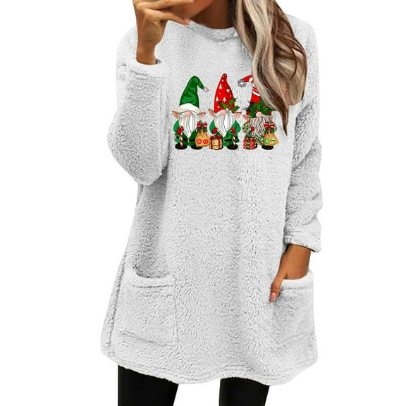 Lovskoo Fuzzy Fleece Pullover Tops for Women Winter Warm Printed Long Sleeve with Pocket Crewneck Solid Color Warm Top White