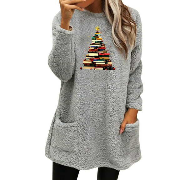 Lovskoo Fuzzy Fleece Pullover Tops for Women Winter Warm Christmas Printed Long Sleeve with Pocket Crewneck Solid Color Warm Top Gray