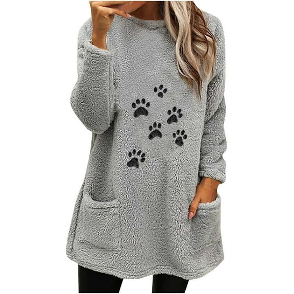 Lovskoo Fuzzy Fleece Pullover Tops for Women Winter Warm Christmas Printed Long Sleeve with Pocket Crewneck Solid Color Warm Top Gray