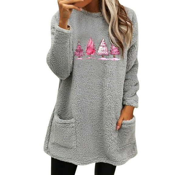 Lovskoo Fuzzy Fleece Pullover Tops for Women Winter Warm Printed Long Sleeve with Pocket Crewneck Solid Color Warm Top Gray