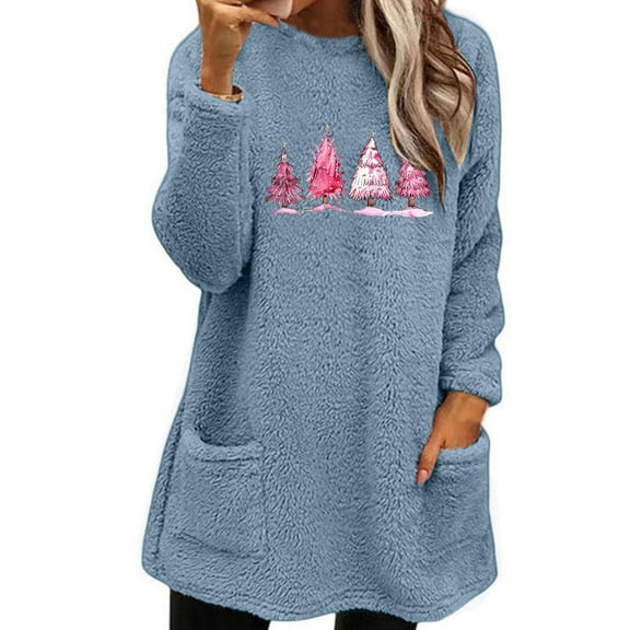 Lovskoo Fuzzy Fleece Pullover Tops for Women Winter Warm Printed Long Sleeve with Pocket Crewneck Solid Color Warm Top Blue