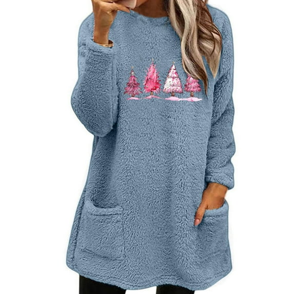 Lovskoo Fuzzy Fleece Pullover Tops for Women Winter Warm Printed Long Sleeve with Pocket Crewneck Solid Color Warm Top Blue
