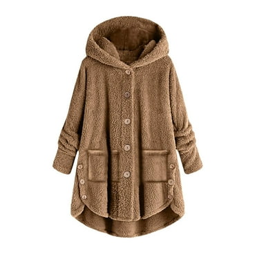 Lovskoo Women Plus Size Fuzzy Fleece Cardigan Tops Button Coat Loose Winter Hooded Jacket Wool Women Plush Size Women's Coat B-Brown