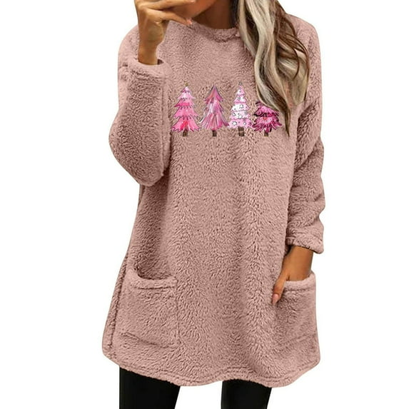 Lovskoo Fuzzy Fleece Pullover Tops for Women Winter Warm Printed Long Sleeve with Pocket Crewneck Solid Color Warm Top Pink
