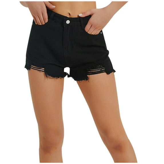 Lovskoo 2024 Women High Waisted Skinny Stretchy Denim Shorts Casual Summer Frayed Hem Distressed Ripped Short Jean Black L