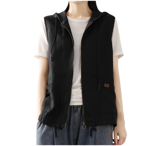 Lovskoo 2024 Women Hooded Linen Vest Cardigan Casual Loose Coat Stitching Sleeveless Short Jacket Black