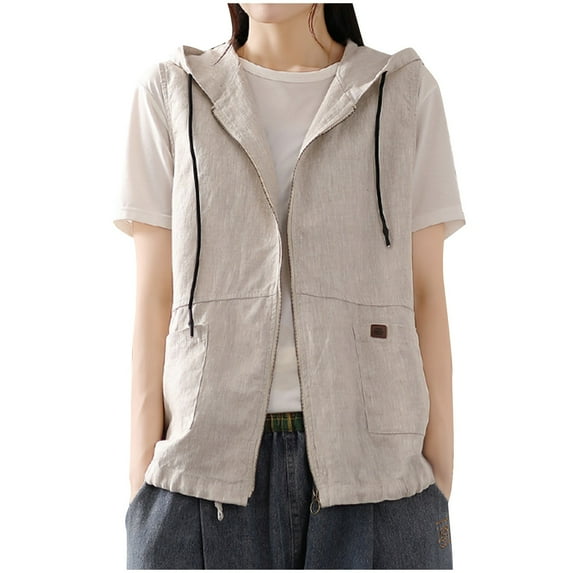 Lovskoo 2024 Women Hooded Linen Vest Cardigan Casual Loose Coat Stitching Sleeveless Short Jacket White