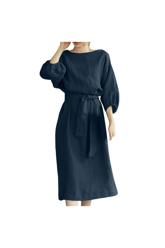 2024 Women Korean Style Lace-Up Shirt Dress with Tie Waist Summer Cotton Linen Half Sleeve Casual A-Line Dresses Navy L