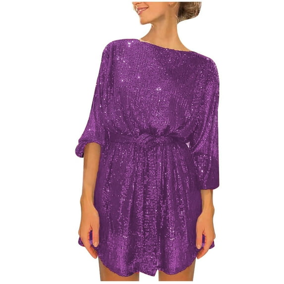 Lovskoo 2024 Women Long Sleeve Sequin Glitter Tie Waist Party A Line Cocktail Mini Dress Wedding Night Out Club Short Dress Purple S
