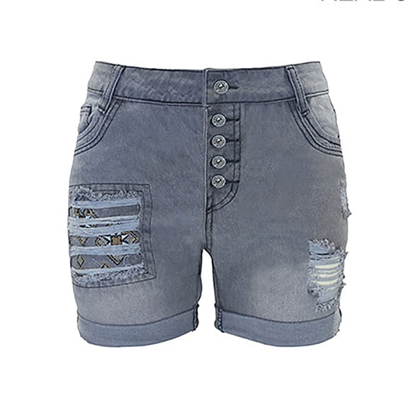 Lovskoo 2024 Women Mid Rise Ripped Stretchy Jeans Shorts Frayed Casual Denim Shorts Gray M