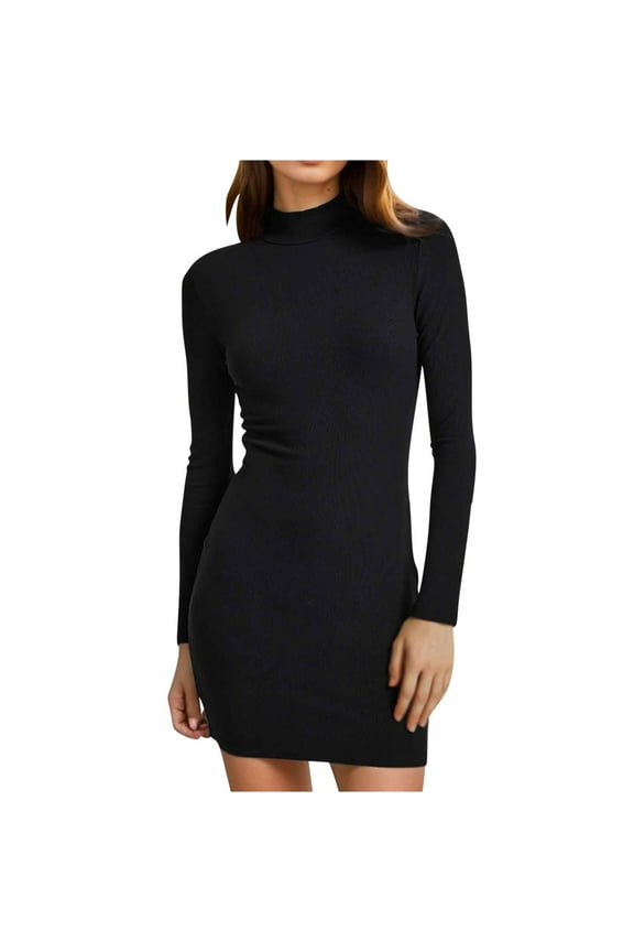 2024 Women Mock Neck Ribbed Bodycon Dress Long Sleeve Mini Pencil Dresses Black