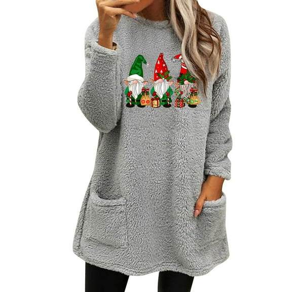 Lovskoo Fuzzy Fleece Pullover Tops for Women Winter Warm Printed Long Sleeve with Pocket Crewneck Solid Color Warm Top Gray