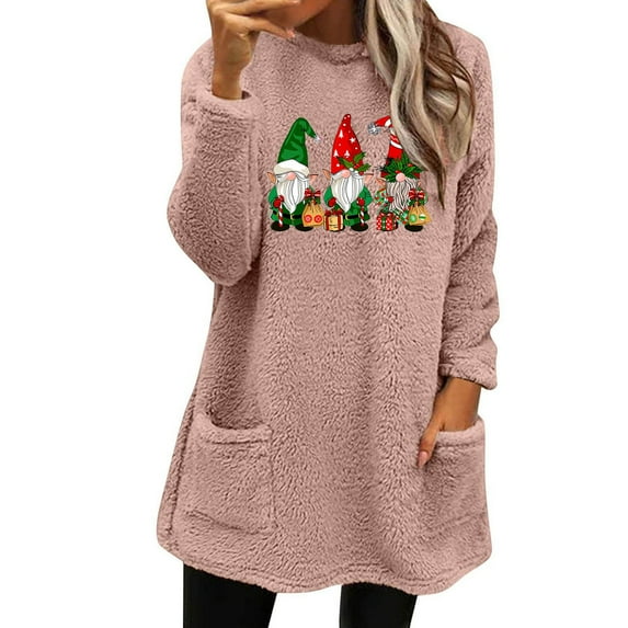 Lovskoo Fuzzy Fleece Pullover Tops for Women Winter Warm Printed Long Sleeve with Pocket Crewneck Solid Color Warm Top Pink