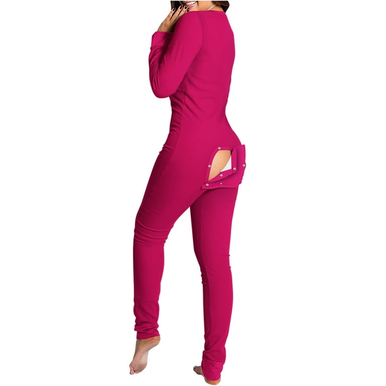 Lovskoo 2024 Women Butt Button Back Flap Jumpsuit Pajamas Onesie Fashion Solid Color Functional Adults V Neck Button Down Long Sleeve One Piece Bodysuit Rompers Hot Pink Walmart