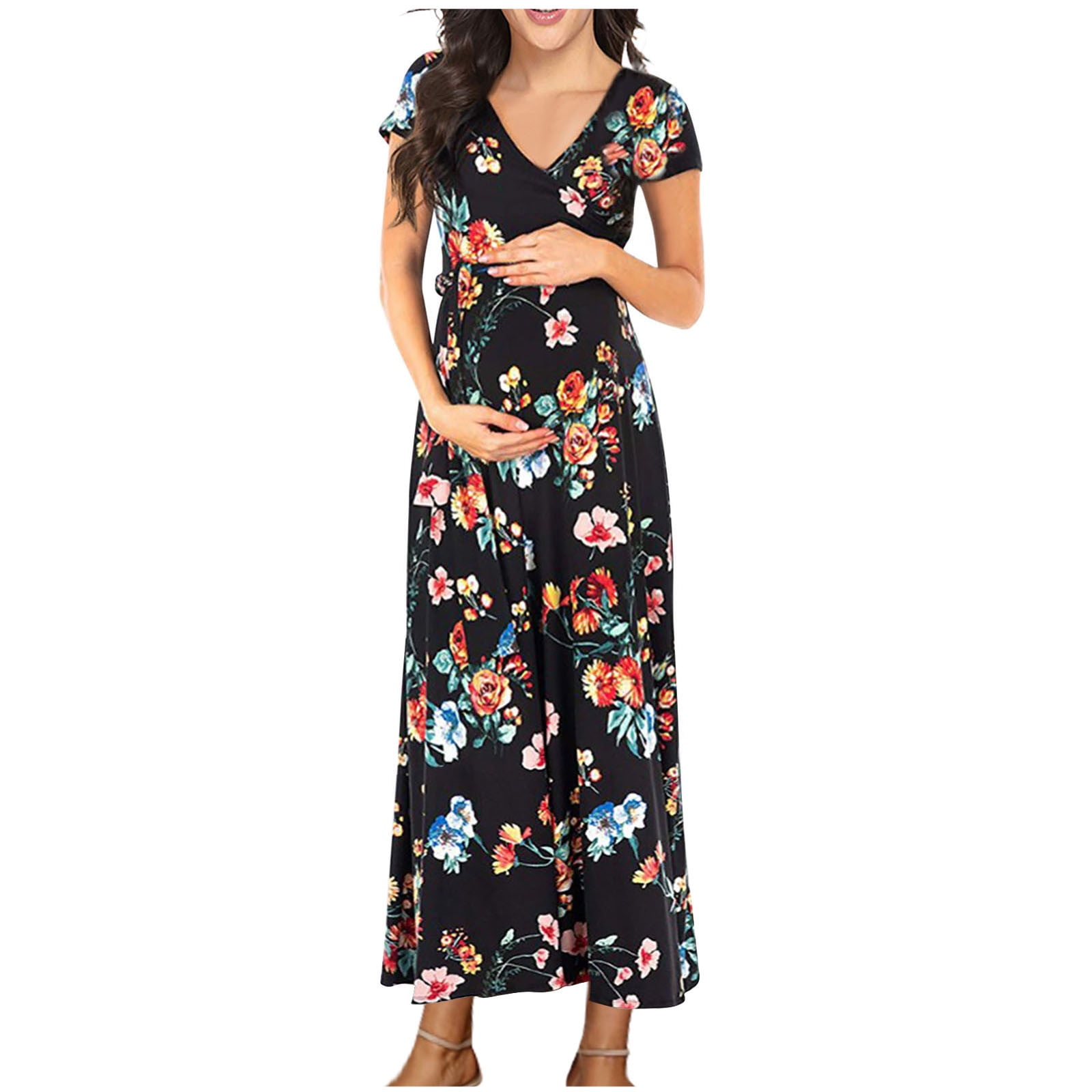 Lovskoo 2024 Women Short Sleeve Maternity Nursing Dress Casual V Neck