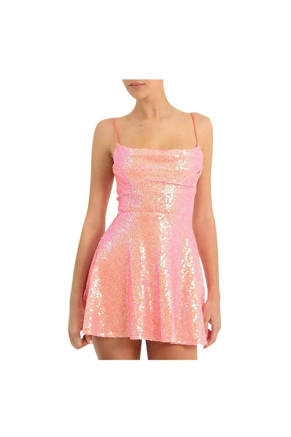 2024 Women Sparkly Sequin Mini Dress Spaghetti Strap Backless A-Line Back Hollow Out High Waist Elegant Party Gown Pink