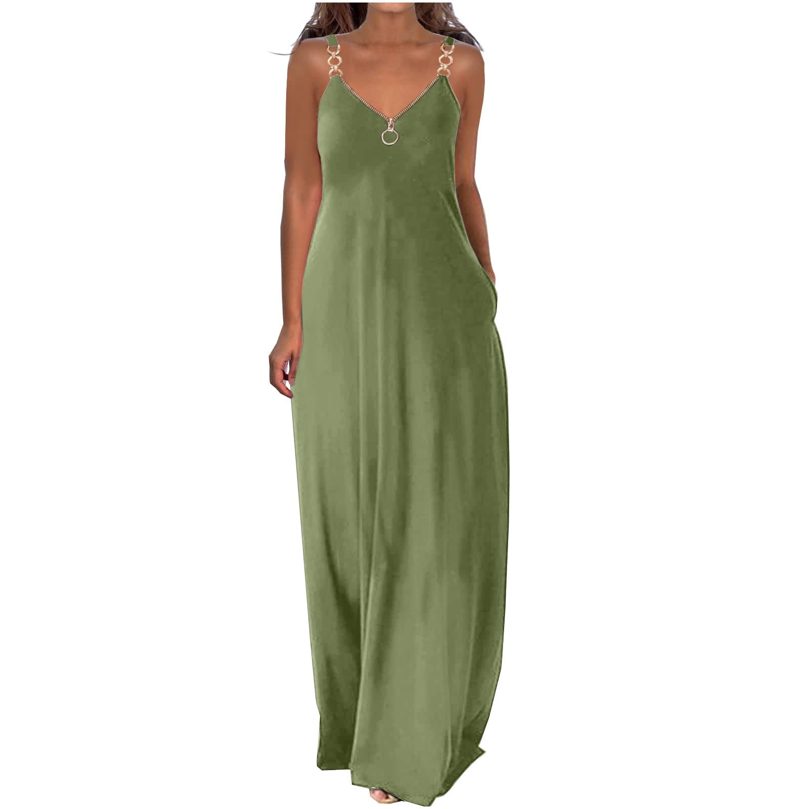 Lovskoo 2024 Women Summer Dresses V Neck Dresses Casual Boho Solid Color  Hoop Sling Beach Long Maxi Dress With Pockets Olive Green - Walmart.com