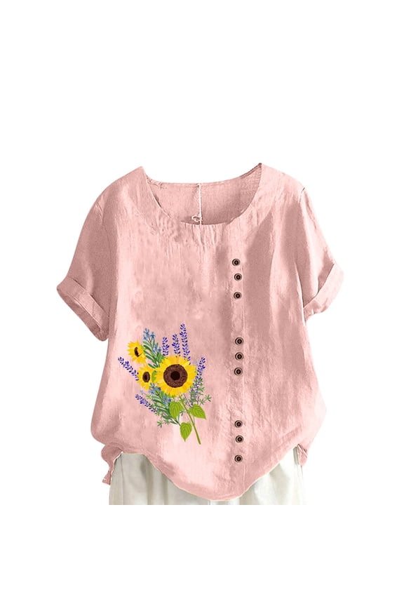 2024 Women Sunflower Print Tops Summer Cotton Linen Shirt Regular Button Round Neck Short Sleeve Blouse Pink