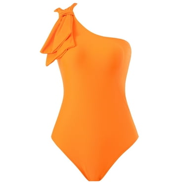 Lovskoo 2024 Women Swimsuit One Piece Bathing Suit Ladies Trendy Solid Color Tight Fitting Bikini Swimsuit Orange