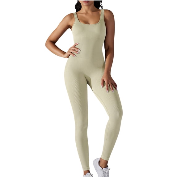 Lovskoo Women Workout Jumpsuit Tight Romper Bottom Pants Sleeveless Solid Color Ribbed Yoga Bodycon Bodysuit One Piece Jumpsuit Pants Beige L