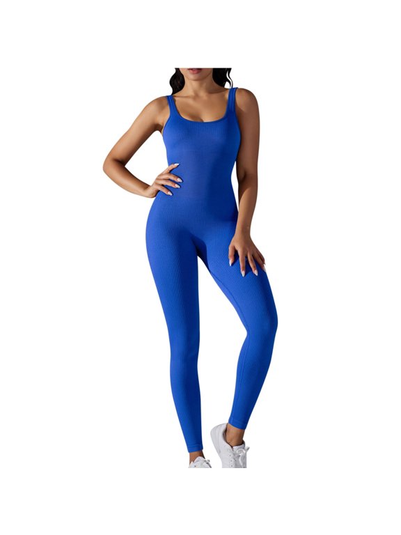 Women Workout Jumpsuit Tight Romper Bottom Pants Sleeveless Solid Color Ribbed Yoga Bodycon Bodysuit One Piece Jumpsuit Pants Blue S