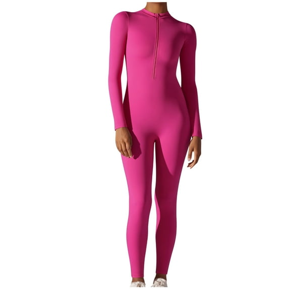 Lovskoo 2024 Women Workout Jumpsuit Zip Up Romper Bottom Pants Long Sleeve Solid Color Yoga Bodycon Bodysuit One Piece Jumpsuit Pants Hot Pink M