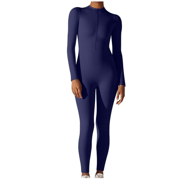 Lovskoo 2024 Women Workout Jumpsuit Zip Up Romper Bottom Pants Long Sleeve Solid Color Yoga Bodycon Bodysuit One Piece Jumpsuit Pants Navy S