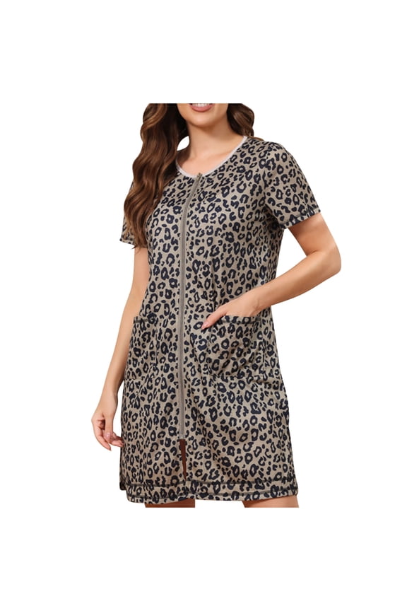 2024 Women Zipper Front House Coat Short Sleeves Robe Leopard Printed Zip Up Bathrobes Short Nightgown with Pockets Coffee
