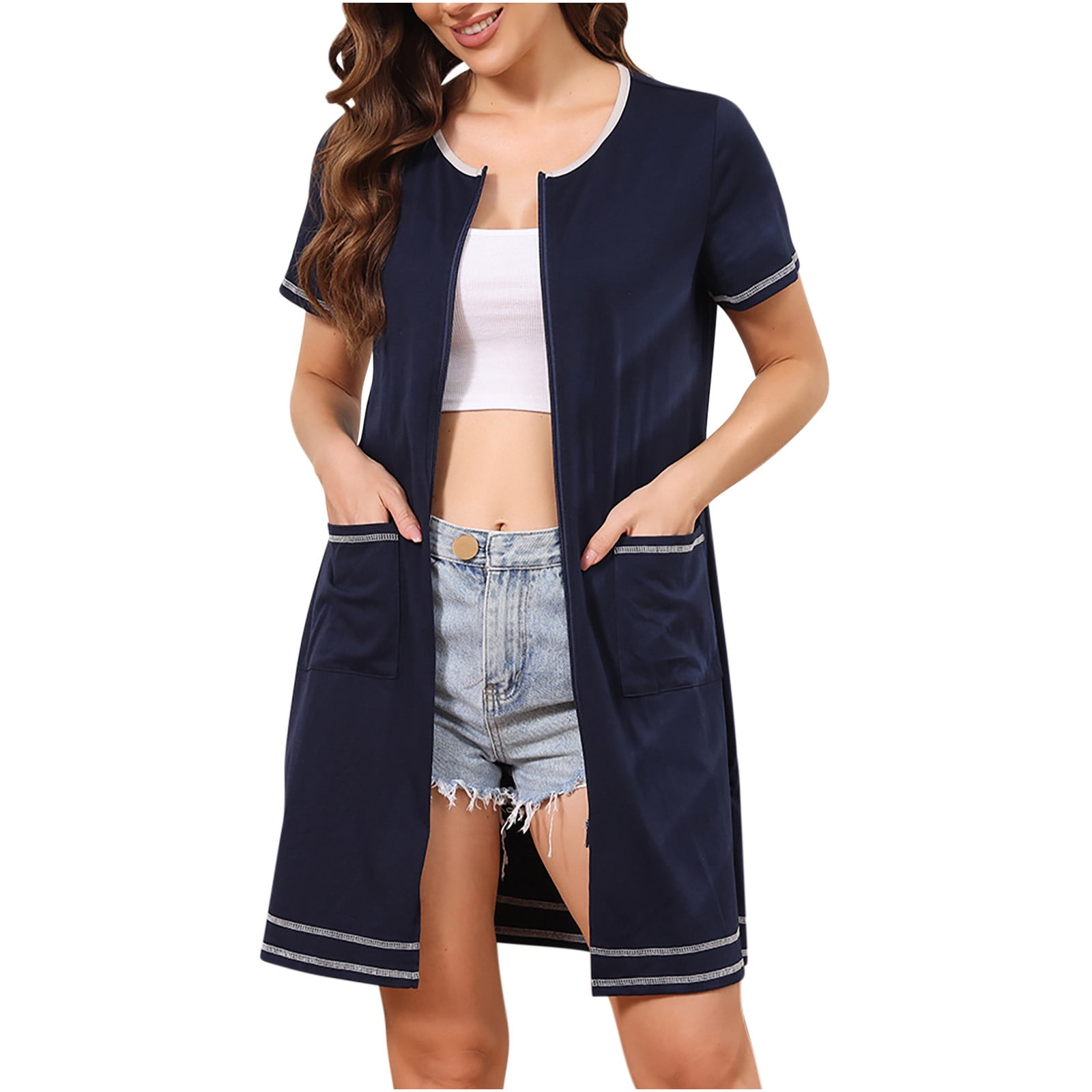 Lovskoo 2024 Women Zipper Front House Coat Short Sleeves Robe Solid Color Zip Up Bathrobes Short